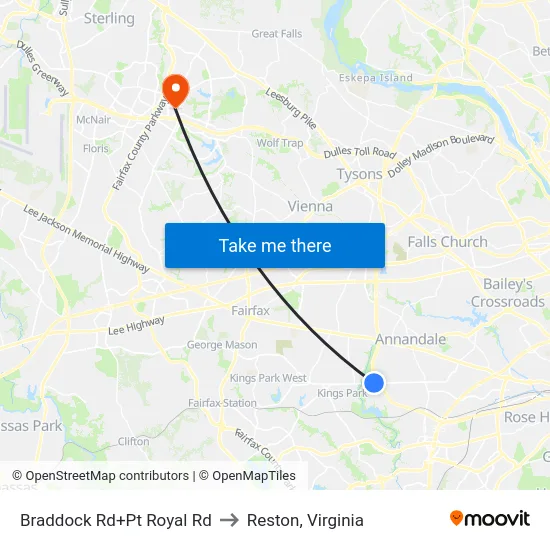 Braddock Rd+Pt Royal Rd to Reston, Virginia map