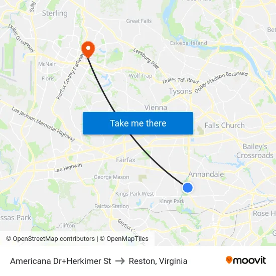 Americana Dr+Herkimer St to Reston, Virginia map