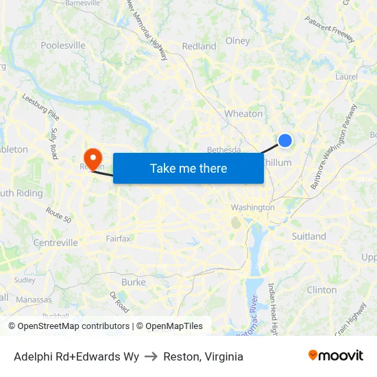 Adelphi Rd+Edwards Wy to Reston, Virginia map