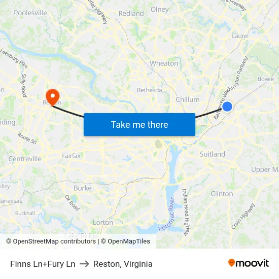 Finns Ln+Fury Ln to Reston, Virginia map