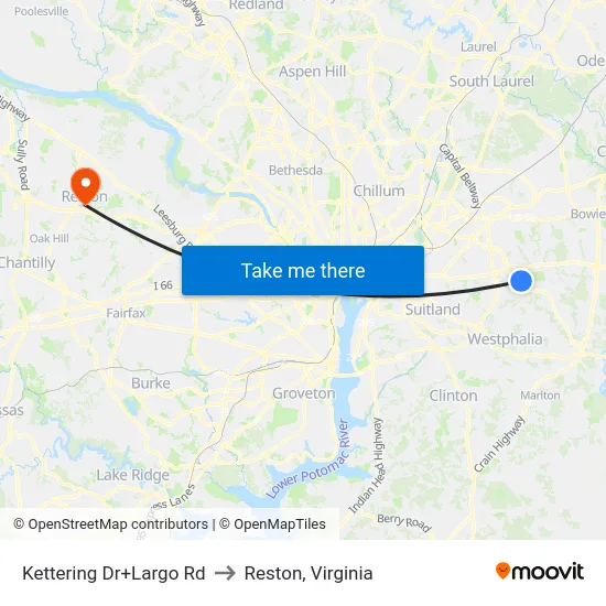 Kettering Dr+Largo Rd to Reston, Virginia map