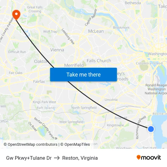 Gw Pkwy+Tulane Dr to Reston, Virginia map