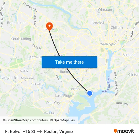 Ft Belvoir+16 St to Reston, Virginia map