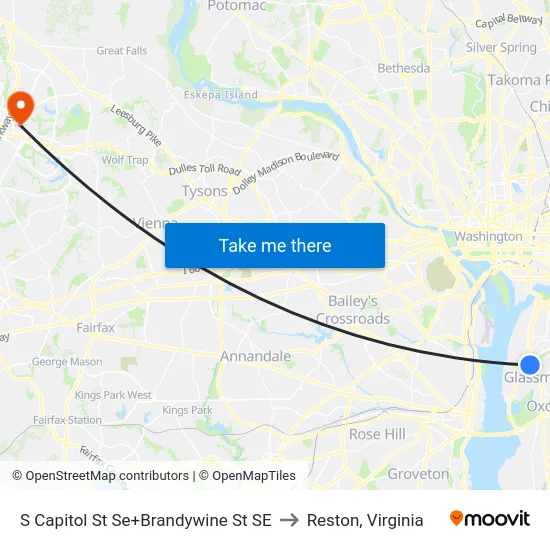 S Capitol St Se+Brandywine St SE to Reston, Virginia map
