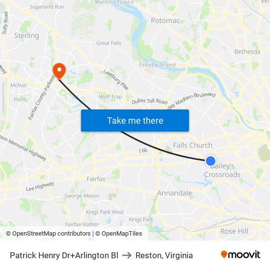 Patrick Henry Dr+Arlington Bl to Reston, Virginia map