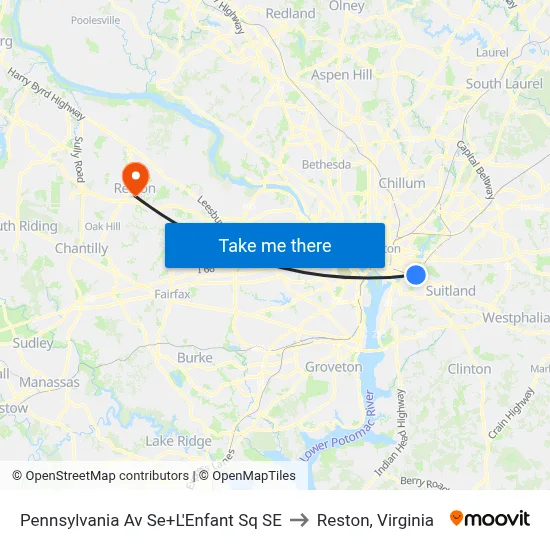 Pennsylvania Av Se+L'Enfant Sq SE to Reston, Virginia map