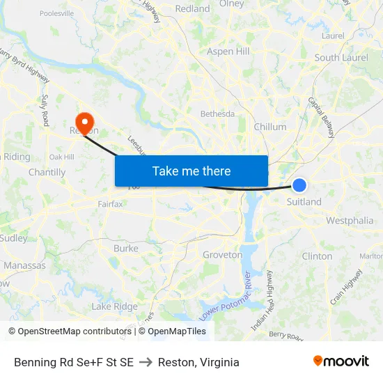 Benning Rd Se+F St SE to Reston, Virginia map