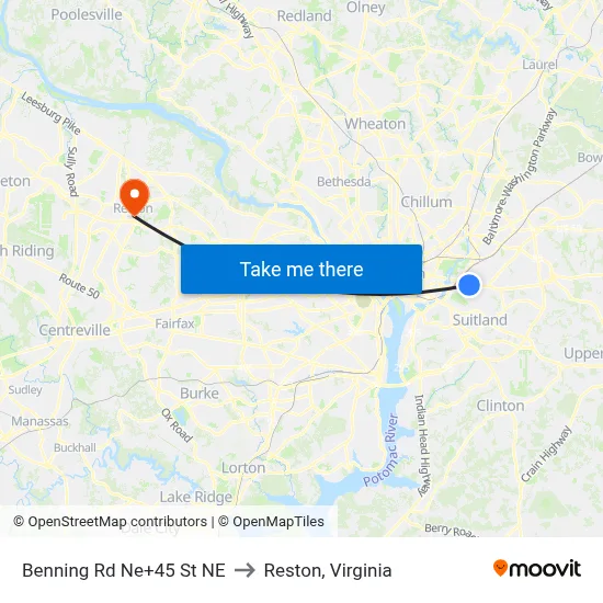 Benning Rd Ne+45 St NE to Reston, Virginia map