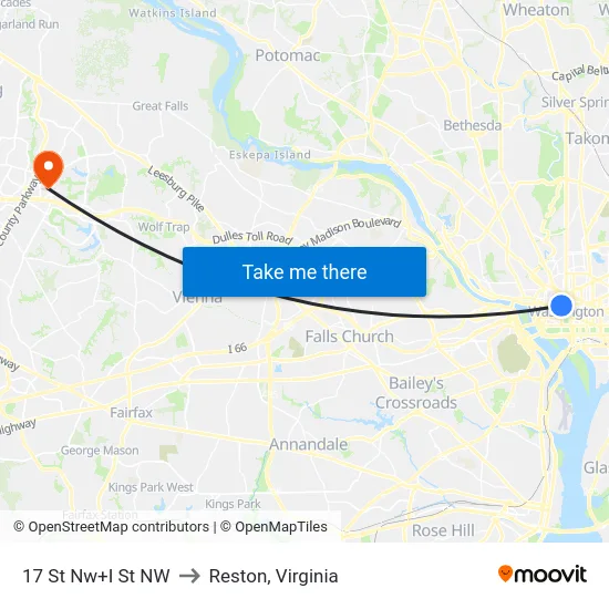 17 St Nw+I St NW to Reston, Virginia map