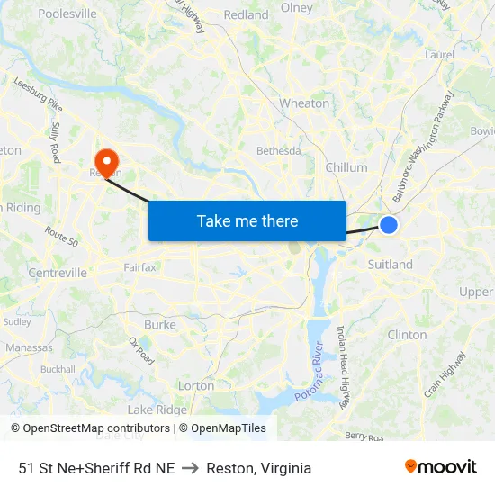 51 St Ne+Sheriff Rd NE to Reston, Virginia map