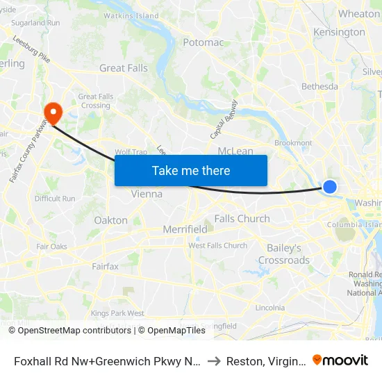 Foxhall Rd Nw+Greenwich Pkwy NW to Reston, Virginia map