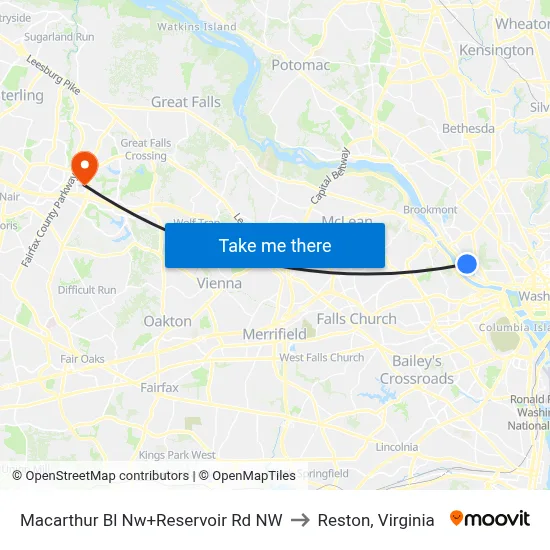Macarthur Bl Nw+Reservoir Rd NW to Reston, Virginia map