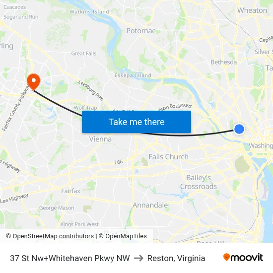 37 St Nw+Whitehaven Pkwy NW to Reston, Virginia map