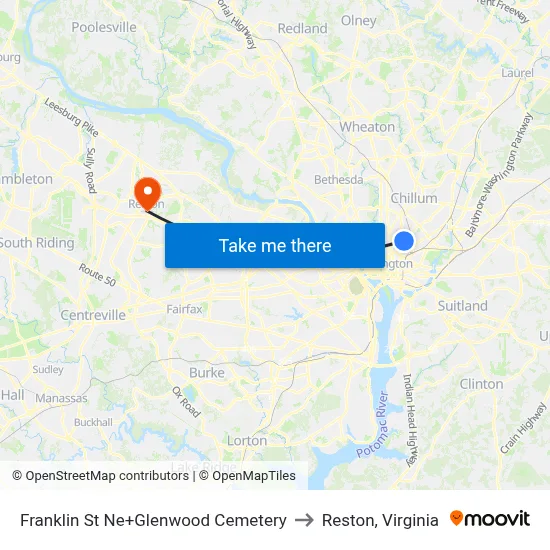 Franklin St Ne+Glenwood Cemetery to Reston, Virginia map