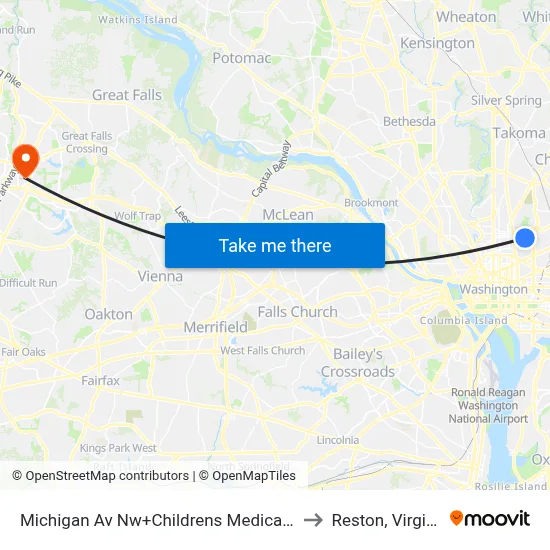 Michigan Av Nw+Childrens Medical Ctr to Reston, Virginia map