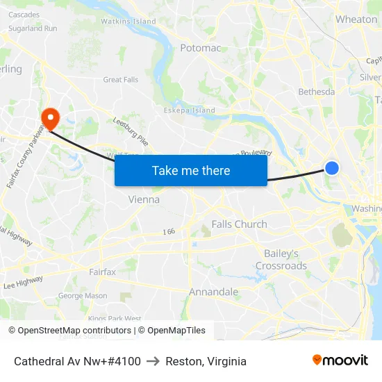 Cathedral Av Nw+#4100 to Reston, Virginia map