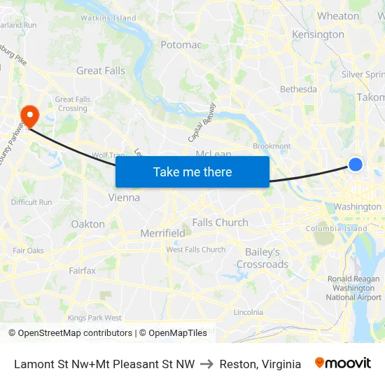 Lamont St Nw+Mt Pleasant St NW to Reston, Virginia map