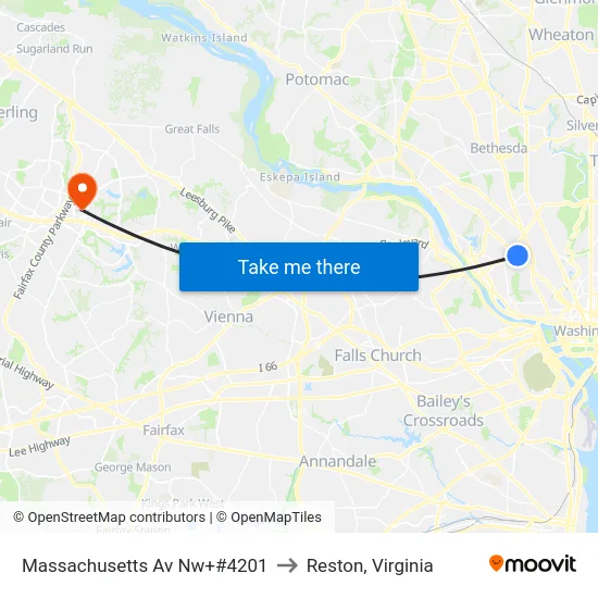 Massachusetts Av Nw+#4201 to Reston, Virginia map