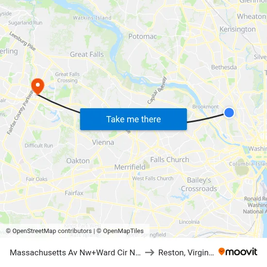 Massachusetts Av Nw+Ward Cir NW to Reston, Virginia map