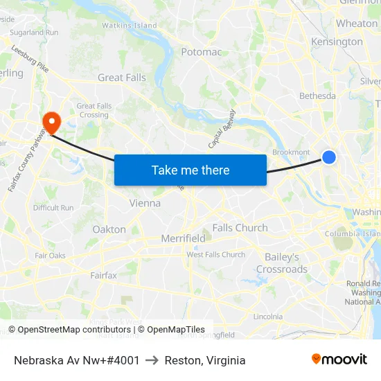 Nebraska Av Nw+#4001 to Reston, Virginia map