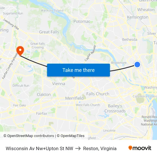 Wisconsin Av Nw+Upton St NW to Reston, Virginia map