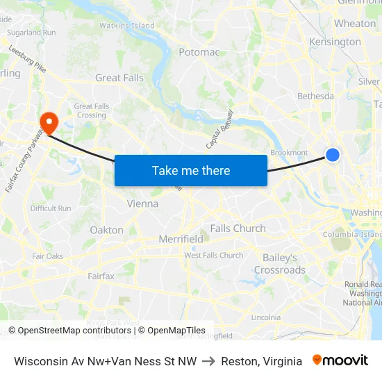 Wisconsin Av Nw+Van Ness St NW to Reston, Virginia map