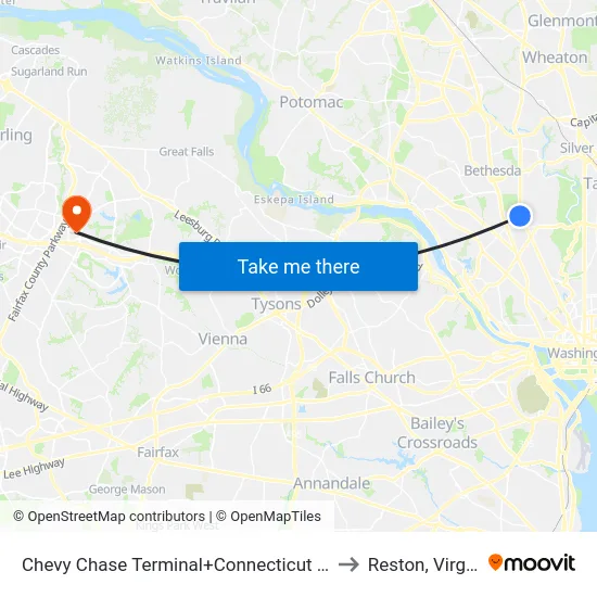 Chevy Chase Terminal+Connecticut Av NW to Reston, Virginia map