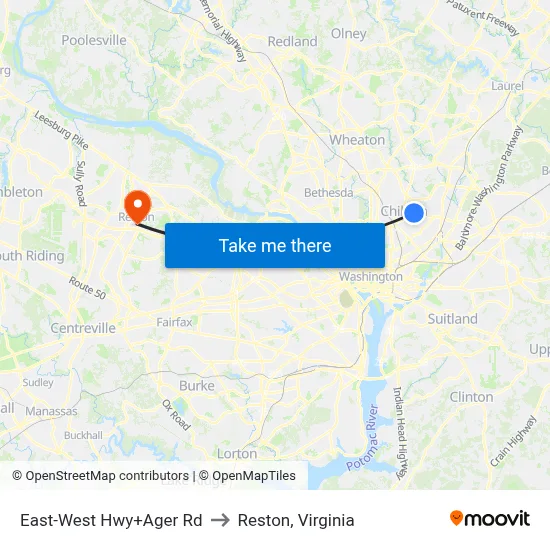 East-West Hwy+Ager Rd to Reston, Virginia map