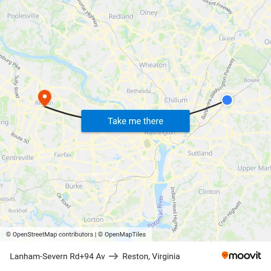 Lanham-Severn Rd+94 Av to Reston, Virginia map
