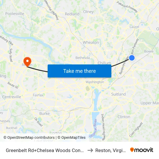 Greenbelt Rd+Chelsea Woods Condos to Reston, Virginia map