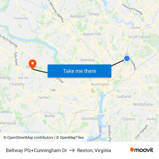 Beltway Plz+Cunningham Dr to Reston, Virginia map