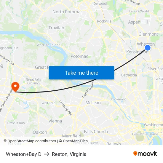 Wheaton+Bay D to Reston, Virginia map