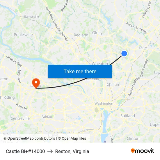 Castle Bl+#14000 to Reston, Virginia map
