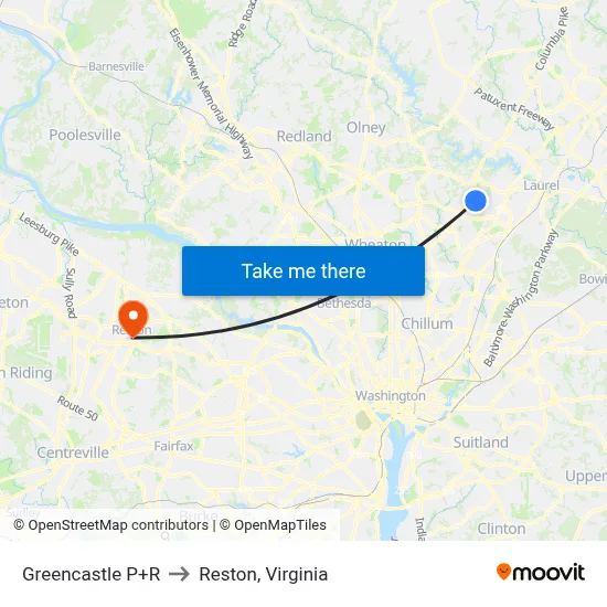 Greencastle P+R to Reston, Virginia map