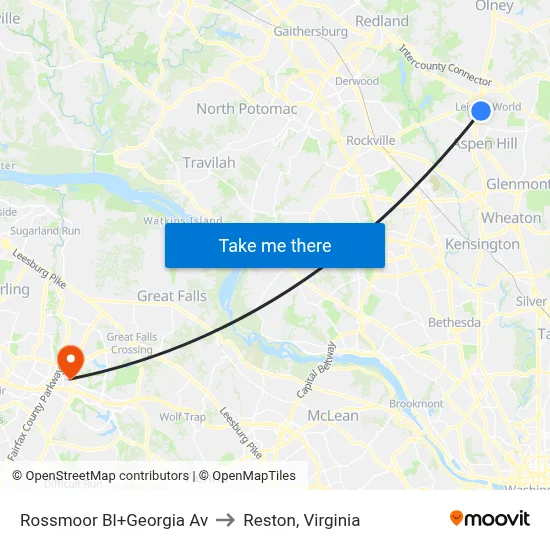 Rossmoor Bl+Georgia Av to Reston, Virginia map
