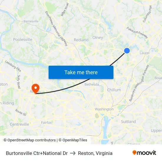 Burtonsville Ctr+National Dr to Reston, Virginia map