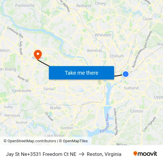 Jay St Ne+3531 Freedom Ct NE to Reston, Virginia map