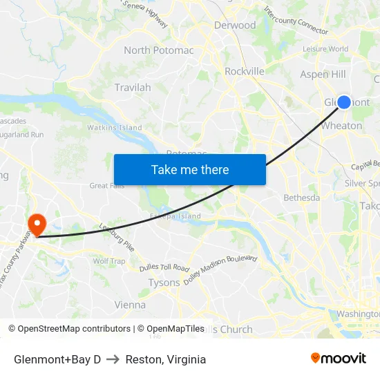 Glenmont+Bay D to Reston, Virginia map
