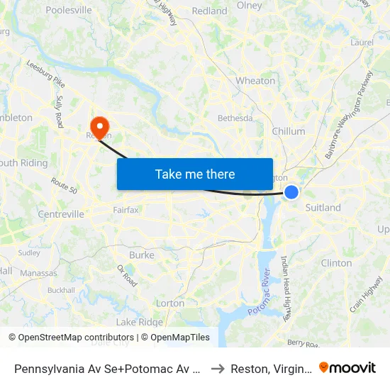 Pennsylvania Av Se+Potomac Av SE to Reston, Virginia map