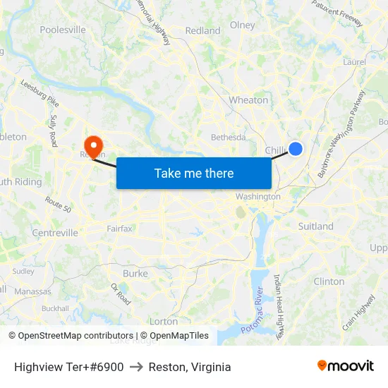 Highview Ter+#6900 to Reston, Virginia map