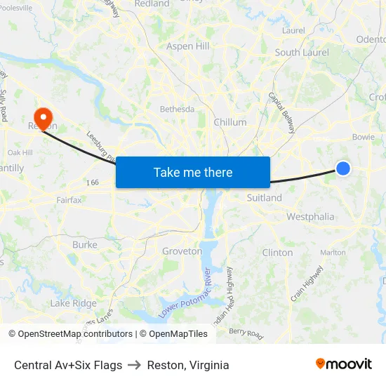 Central Av+Six Flags to Reston, Virginia map
