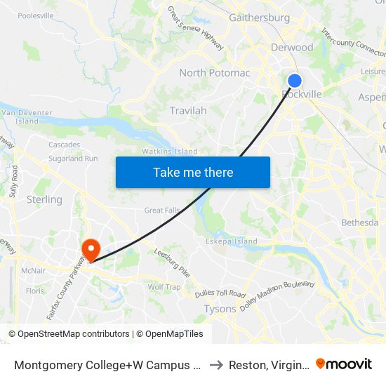 Montgomery College+W Campus Dr to Reston, Virginia map