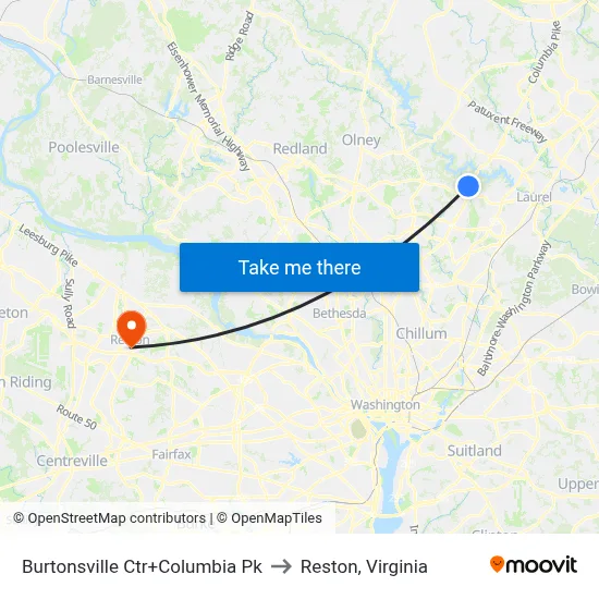 Burtonsville Ctr+Columbia Pk to Reston, Virginia map