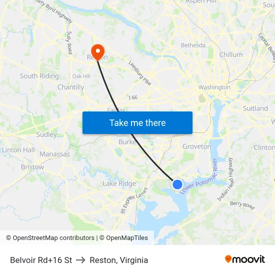 Belvoir Rd+16 St to Reston, Virginia map