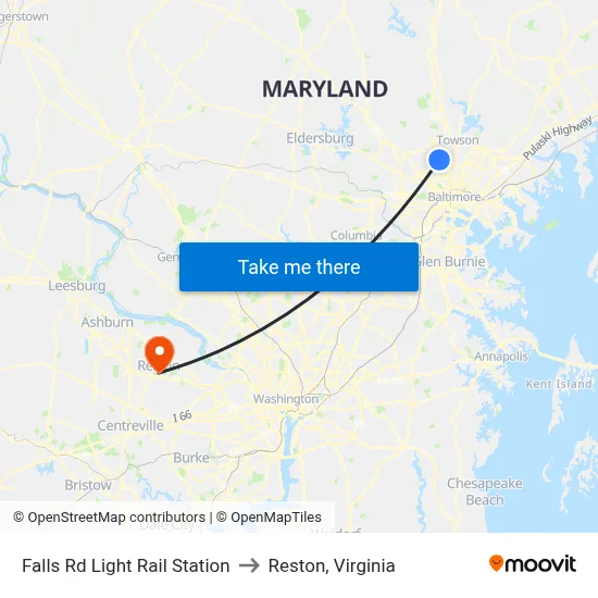 Falls Rd Light Rail Station to Reston, Virginia map