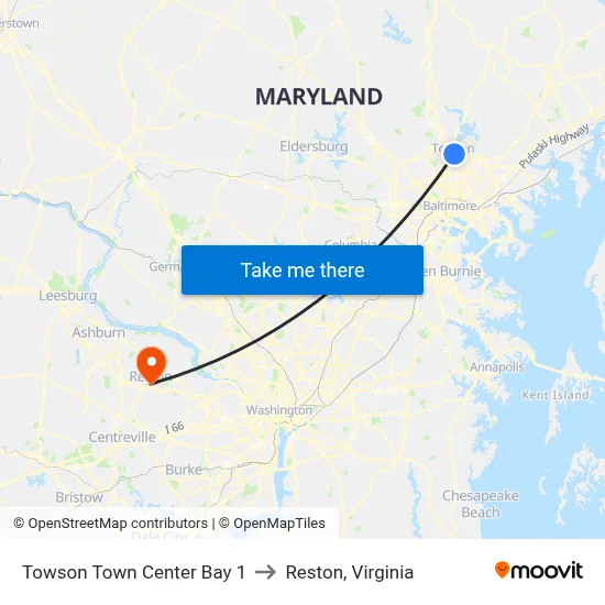 Towson Town Center Bay 1 to Reston, Virginia map