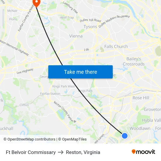 Ft Belvoir Commissary to Reston, Virginia map