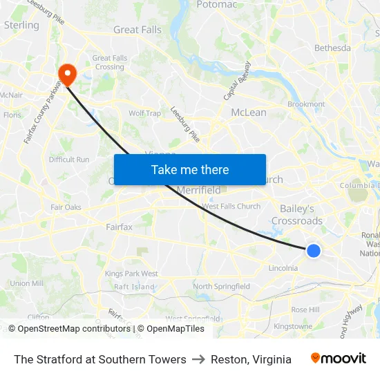 The Stratford at Southern Towers to Reston, Virginia map