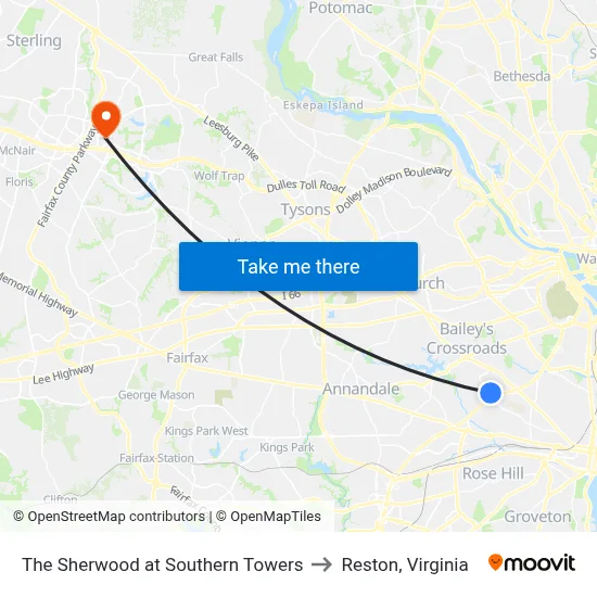 The Sherwood at Southern Towers to Reston, Virginia map