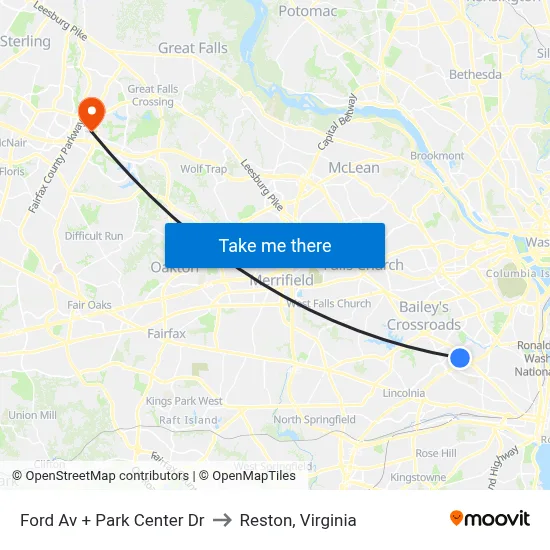 Ford Av + Park Center Dr to Reston, Virginia map